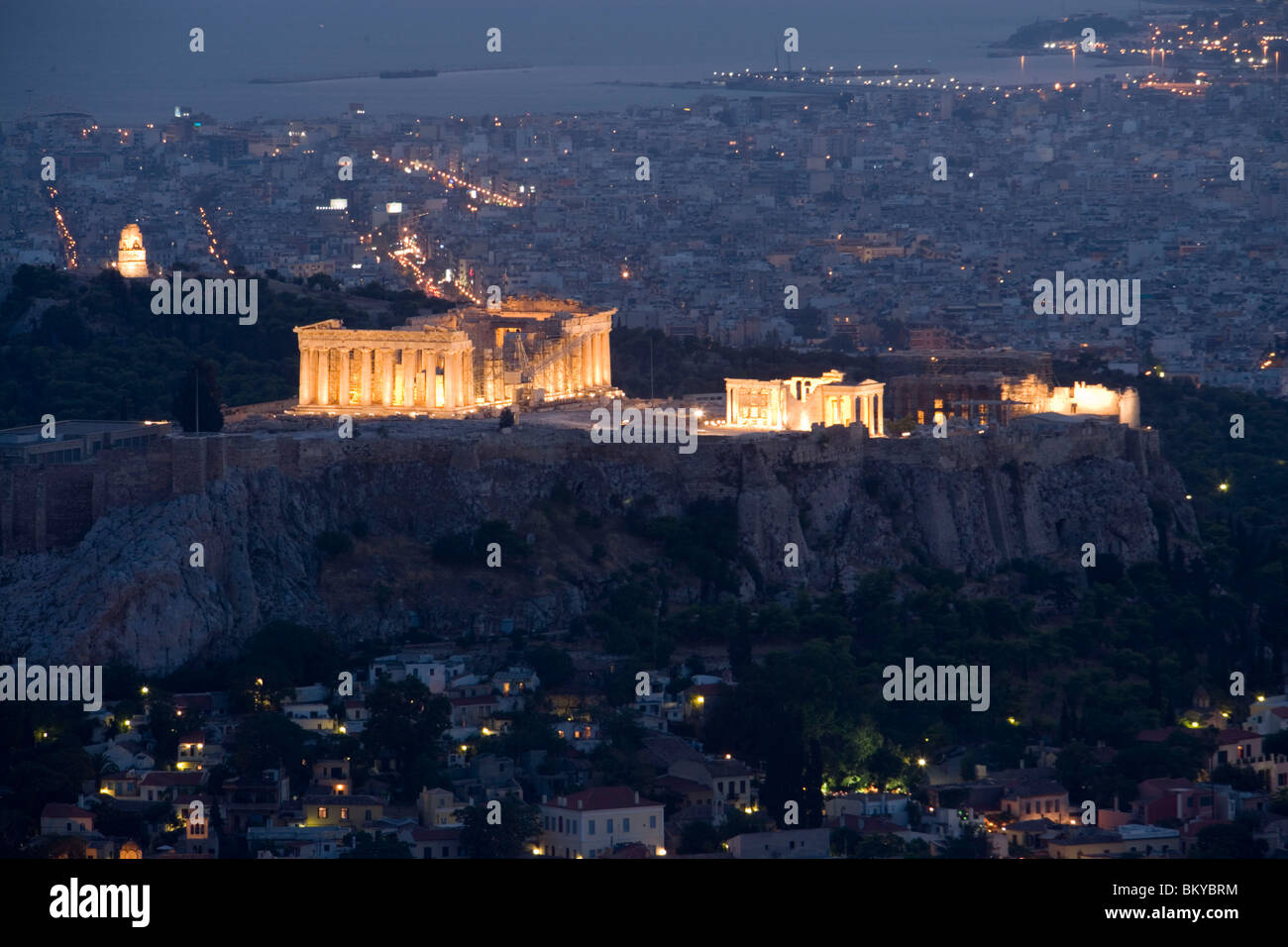 View over Plaka to the illuminated Acropolis at night, Athens, Athens-Piraeus, Greece Stock Photo