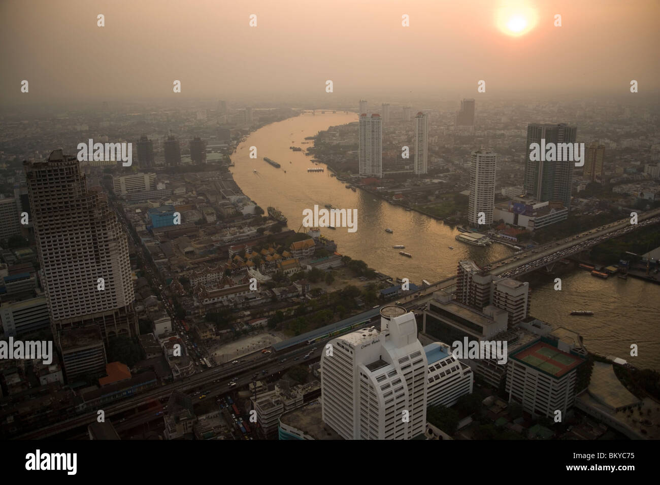 View from State Tower over Bangkok with Menam Chao Phraya River in the evening, Bangkok, Thailand Stock Photo
