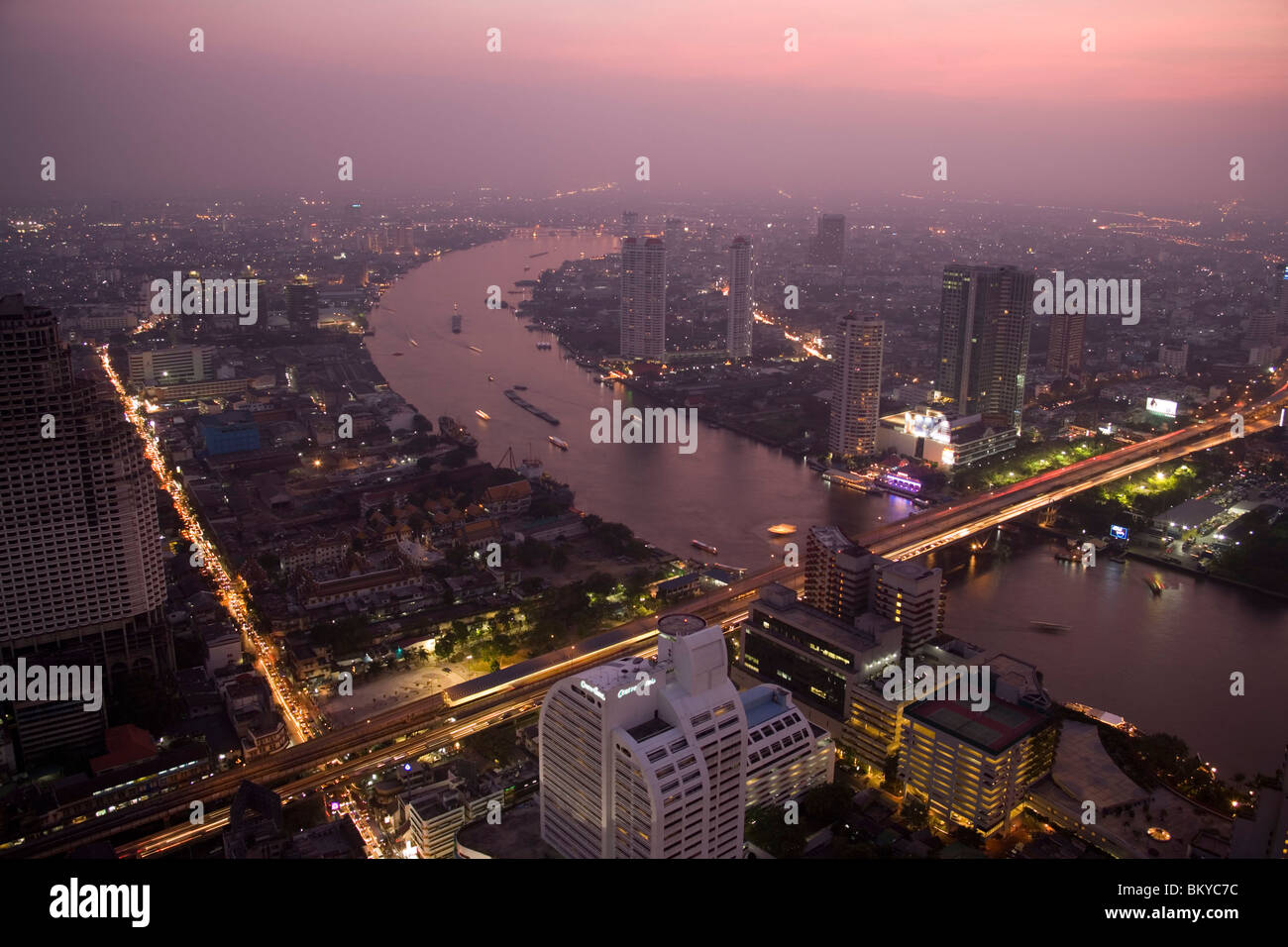 View from State Tower over Bangkok with Menam Chao Phraya River in the evening, Bangkok, Thailand Stock Photo
