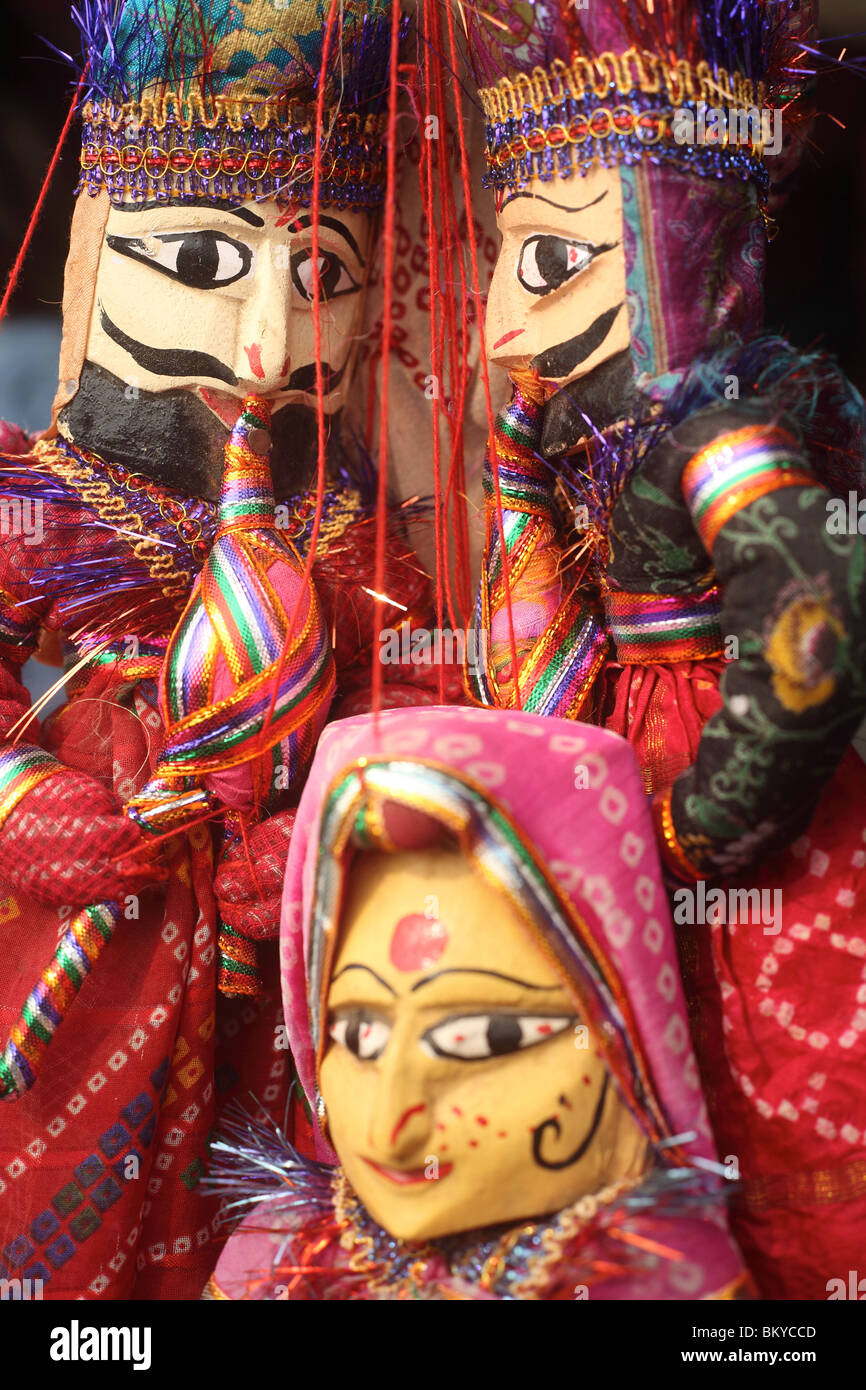 Indian craft-made puppets on sale at a tourist shop in Kerala. Stock Photo