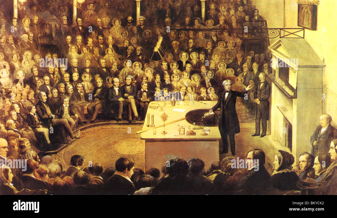 MICHAEL FARADAY lecturing at the Royal Institution in 1855 with Prince Albert in the audience sitting at left. Stock Photo