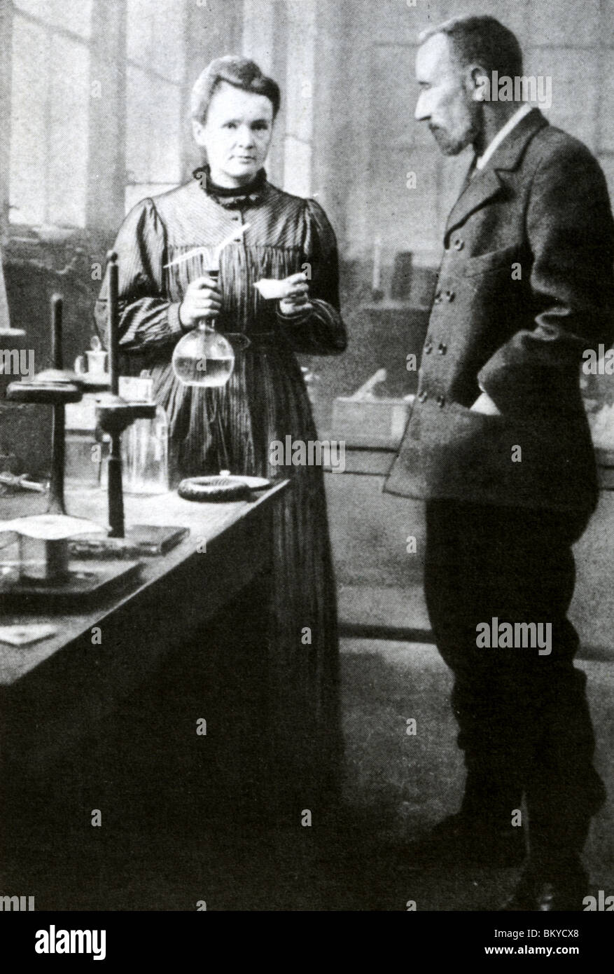 MARIE and PIERRE CURIE in their laboratory about 1905 Stock Photo