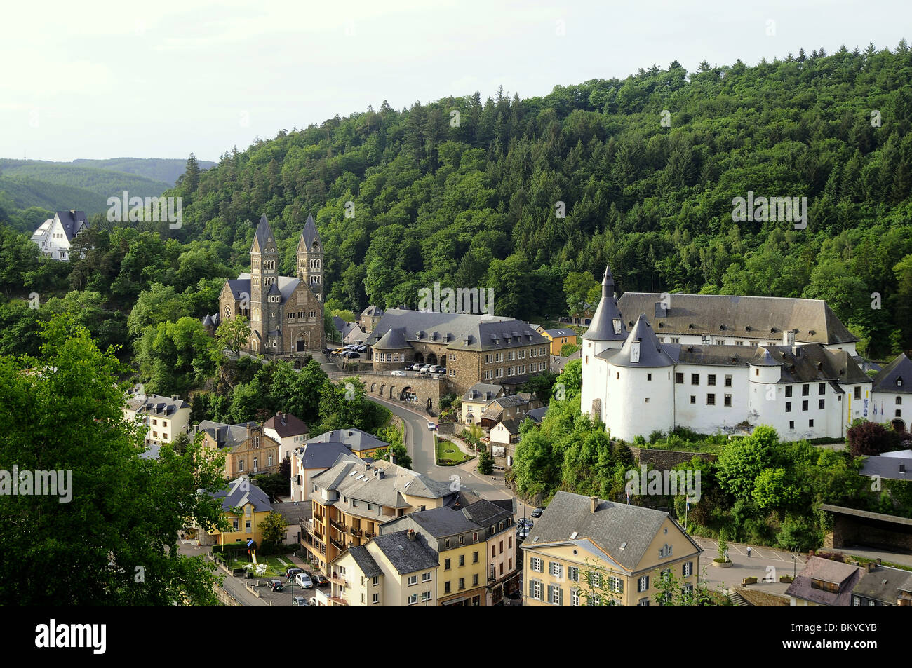 View at church and castle, Clervaux, Ardennen, Luxembourg, Europe Stock Photo