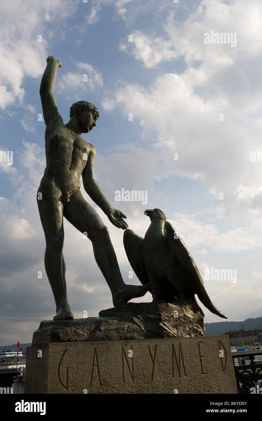 Ganymed statue (of Hermann Hubacher 1952) at Buerkli Square, Lake Zurich, Zurich, Canton Zurich, Switzerland Stock Photo