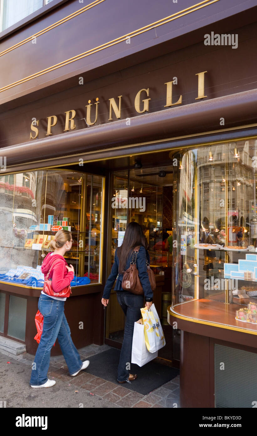 Two women entering the shop Spruengli (famous chocolate confectionery