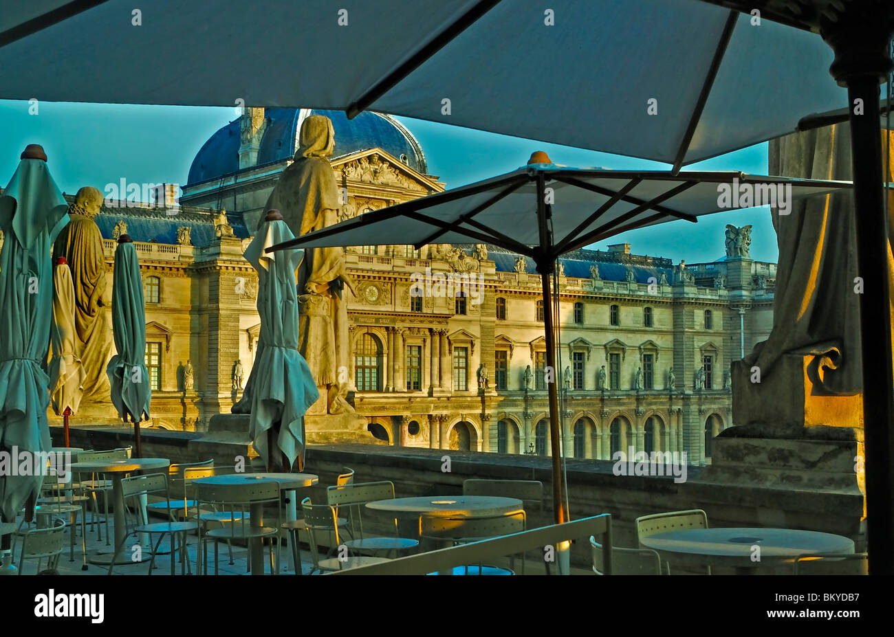 Paris, France Paris Cafe in Louvre Museum, View of Empty Terrace Outside, Before Opening Stock