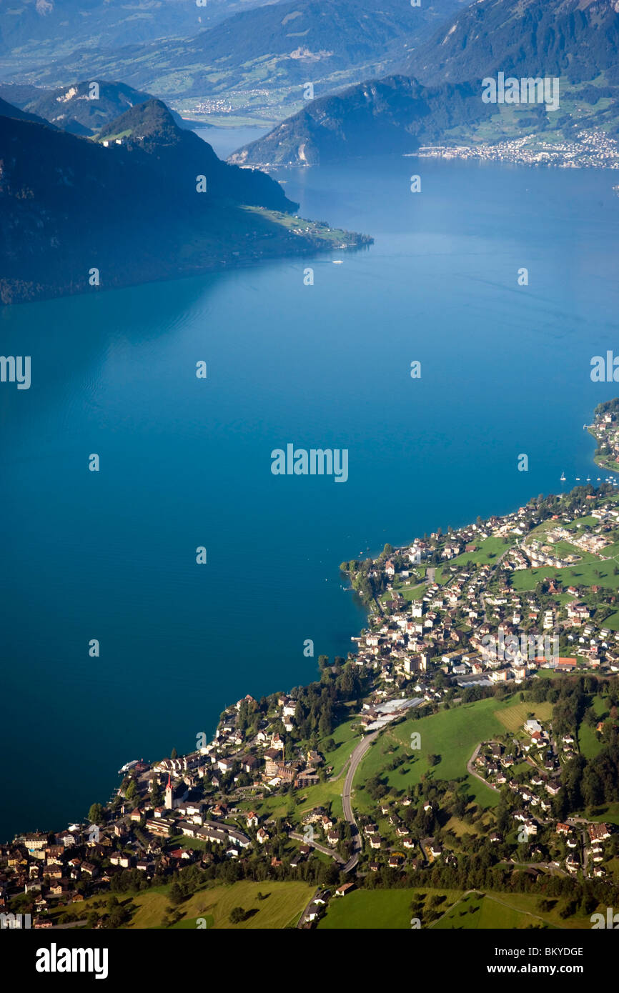 View from vantage point Kaenzli at mount Rigi (1797 m, Queen of the Mountains) over Lake Lucerne with Weggis, mount Buergenstock Stock Photo