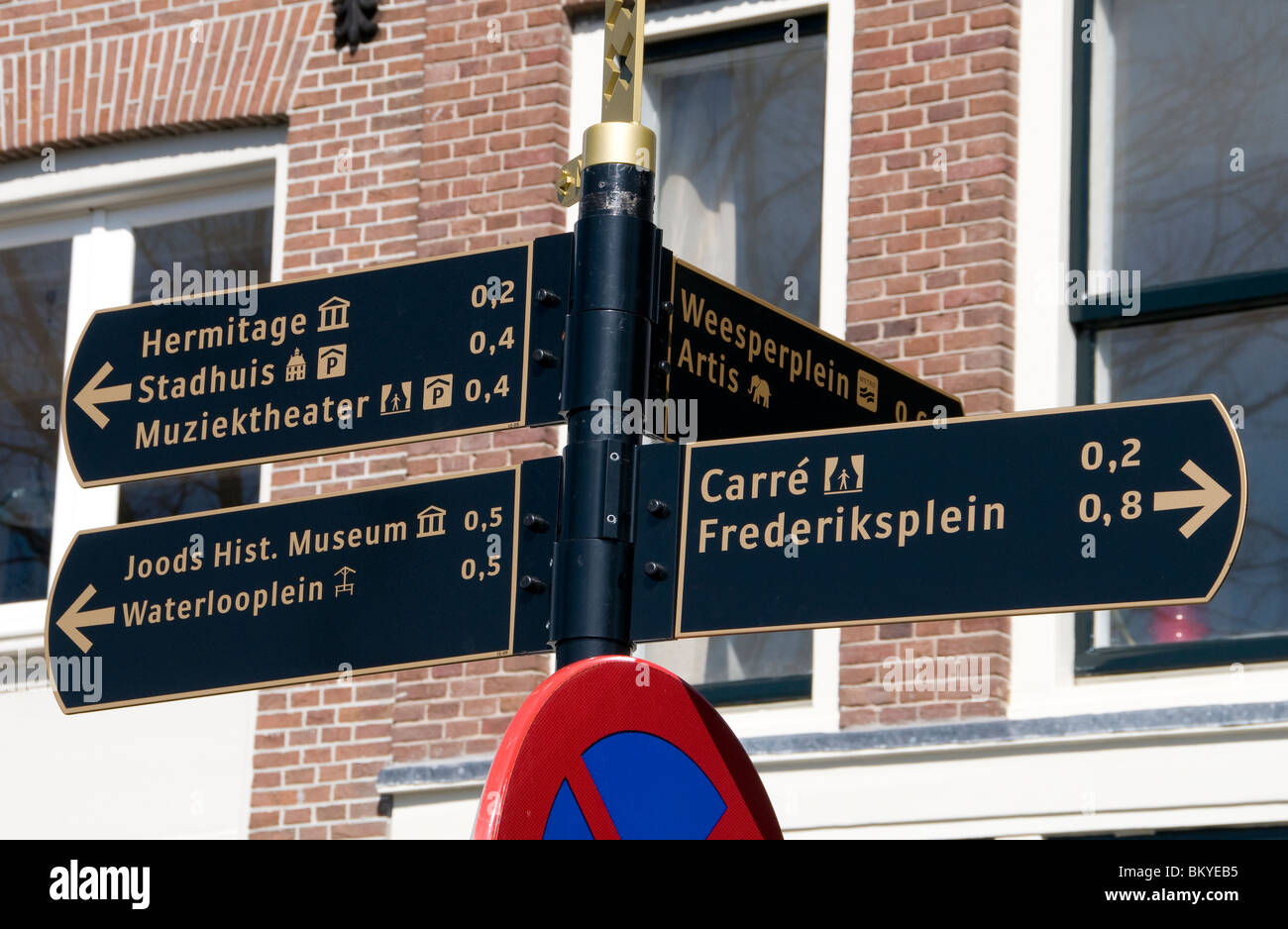 Amsterdam Amstel Canal House Boat Netherlands traffic Sign Hermitage Carre Stock Photo