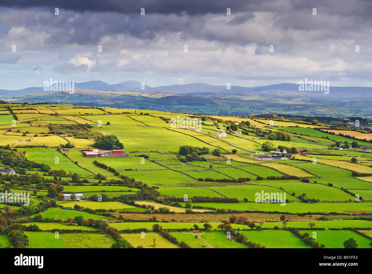 The view from Killeavy Old Church across Carn Hill toward the Mourne Mountains, County Armagh, Northern Ireland Stock Photo