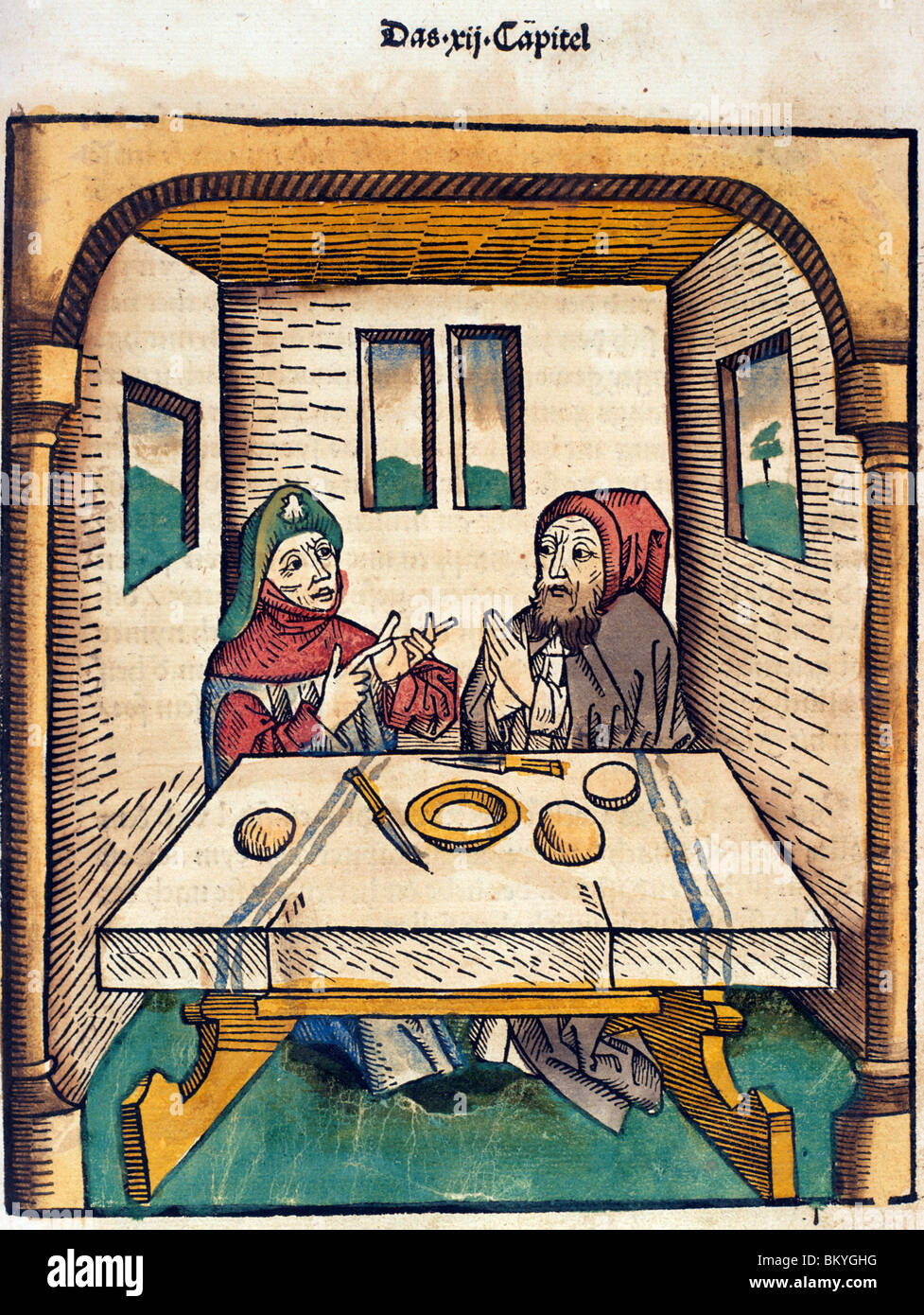 Men talking at table,  from Buch der Weisheit der alten Weisen,  USA,  Illinois,  Chicago,  Newberry Library,  1483 Stock Photo