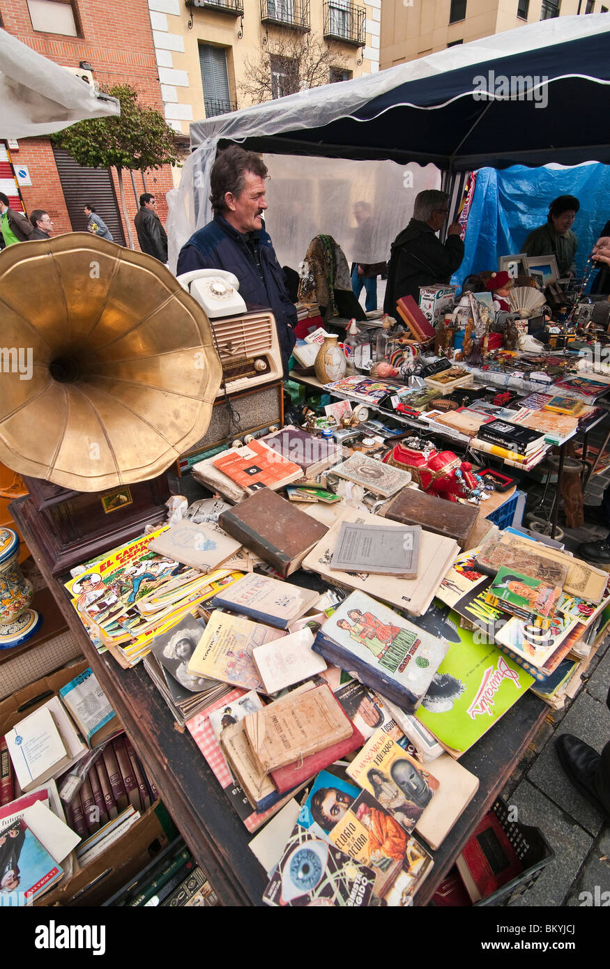 A stall in the Rastro flea market around Lavapies and Embajadores in the centre of Madrid, Spain. Stock Photo