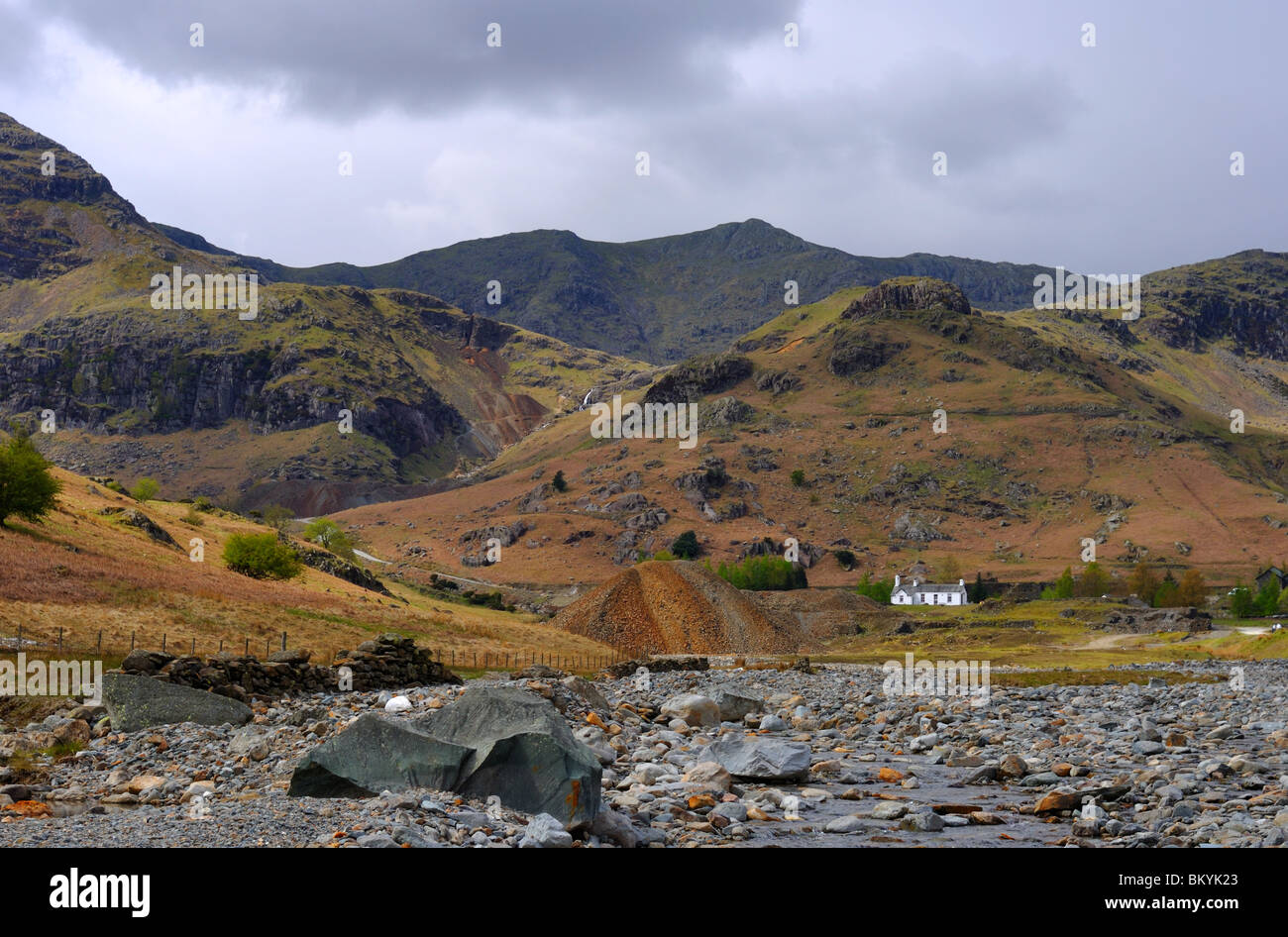 Looking towards the youth hostel in the coppermines valley, Coniston under a leaden sky in the Lake District Stock Photo