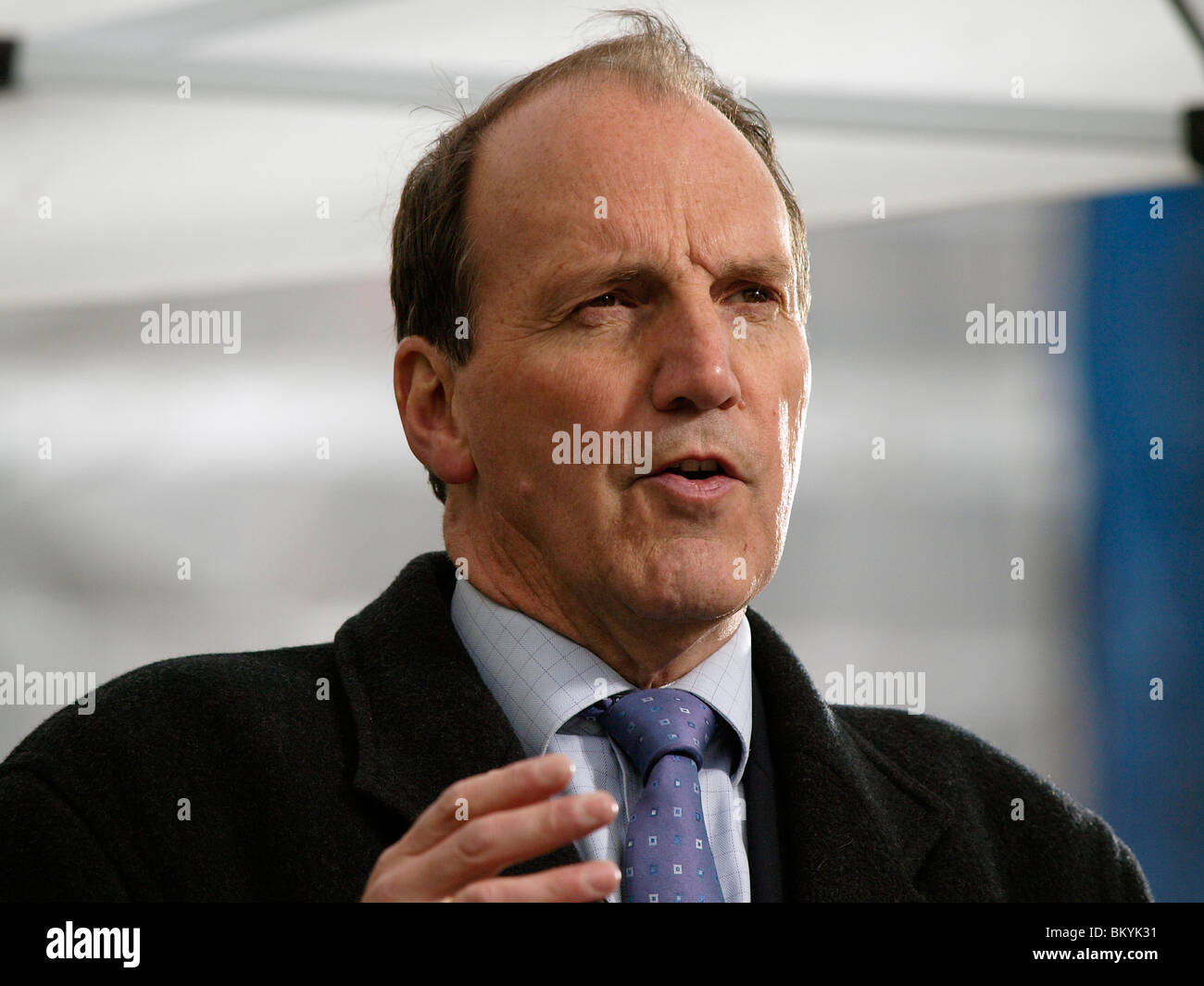 Simon Hughes Liberal Democrat MP speaking to the media on College Green outside Parliament on 11th May 2010. Stock Photo