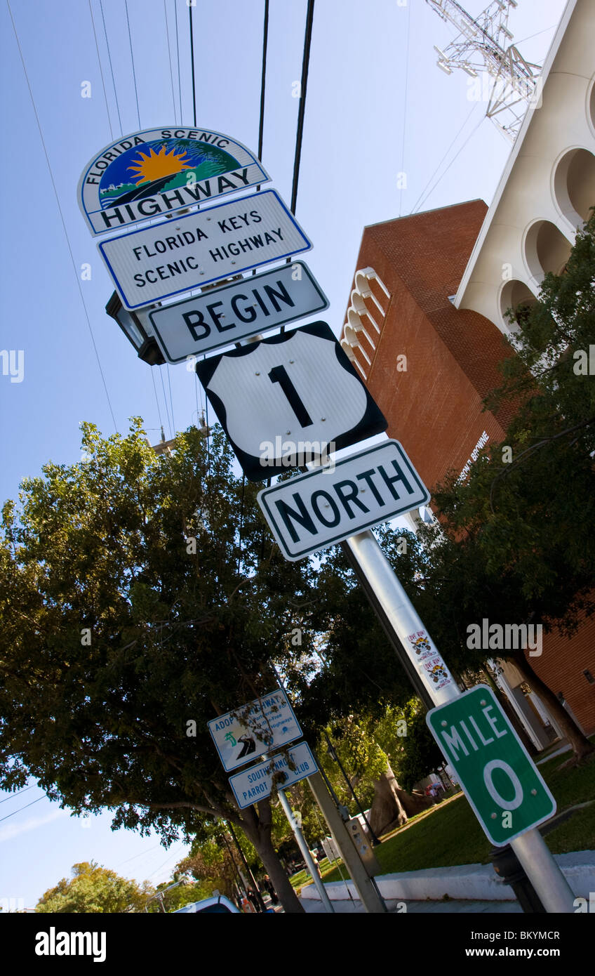 Mile zero sign at Key West for the scenic route Highway 1 North. Florida, USA. Stock Photo