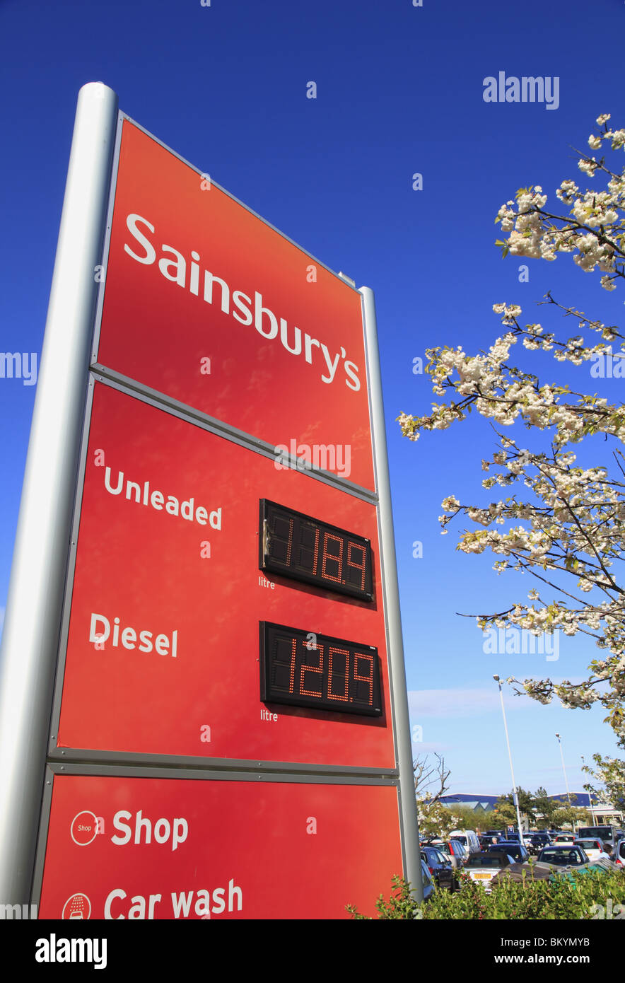 A fuel price display sign at a filling station in East Sussex, England. Stock Photo