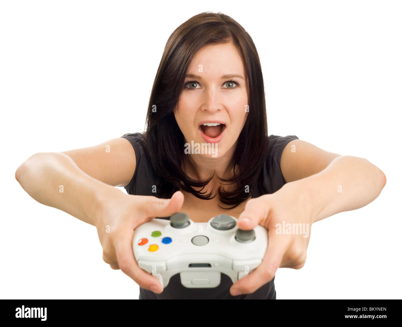 Girl holds an Xbox video game controller with her mouth open and a  surprised look on her face Stock Photo - Alamy