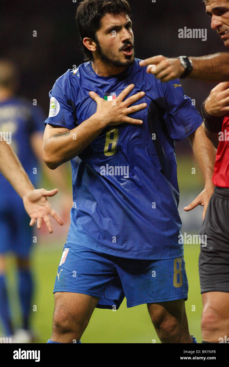 Gennaro Gattuso of Italy argues a call with referee Horacio Elizondo during the 2006 FIFA World Cup final against France. Stock Photo