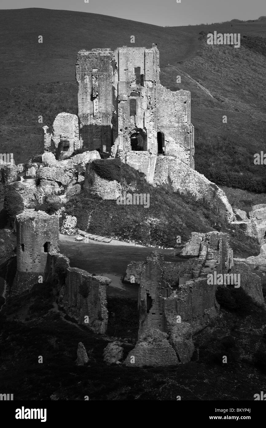 Ruins of Corfe Castle keep. Dorset, UK. Stock Photo