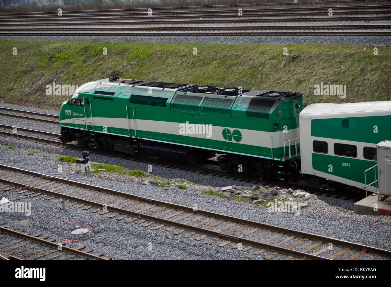 A GO Transit diesel locomotive is seen leaving Union Station in Toronto Stock Photo