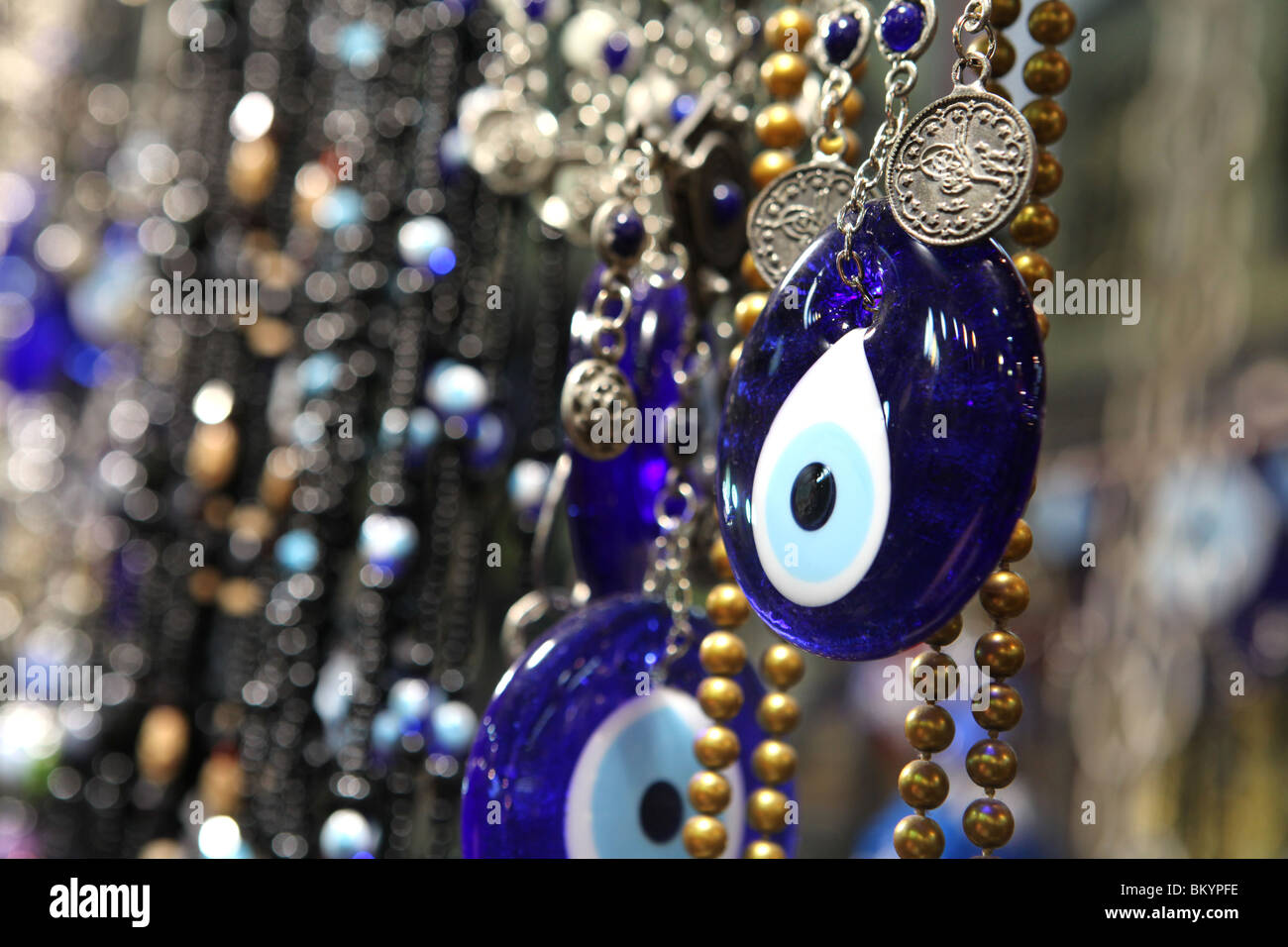 A shop full of nazars or evil eye stones that are believed to protect against the evil eye in Istanbul, Turkey in Europe Stock Photo