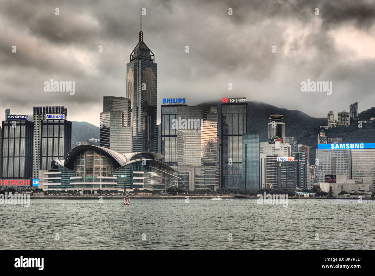 Tall buildings on Hong Kong Island city centre as seen across the harbour from Tsim Sha Tsui on Kowloon side Stock Photo