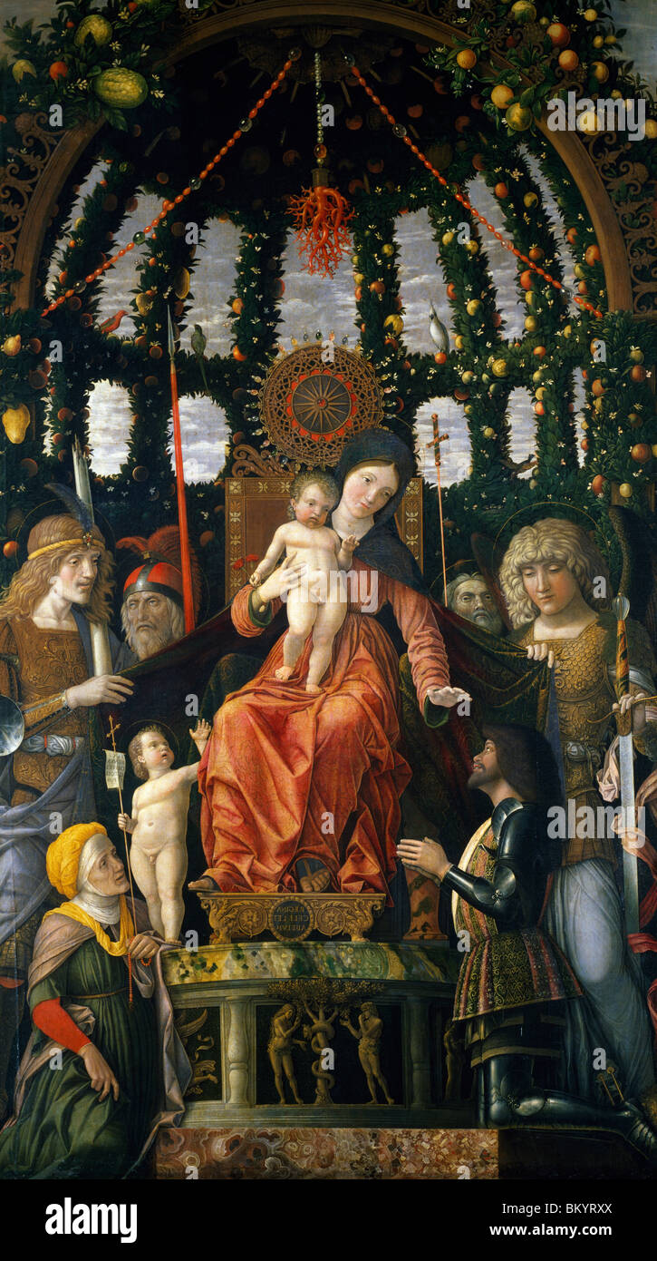 Virgin and Child Surrounded by six saints and Gianfrancesco II Gonzaga  or Madonna of Victory by Andrea Mantegna  oil on canvas Stock Photo