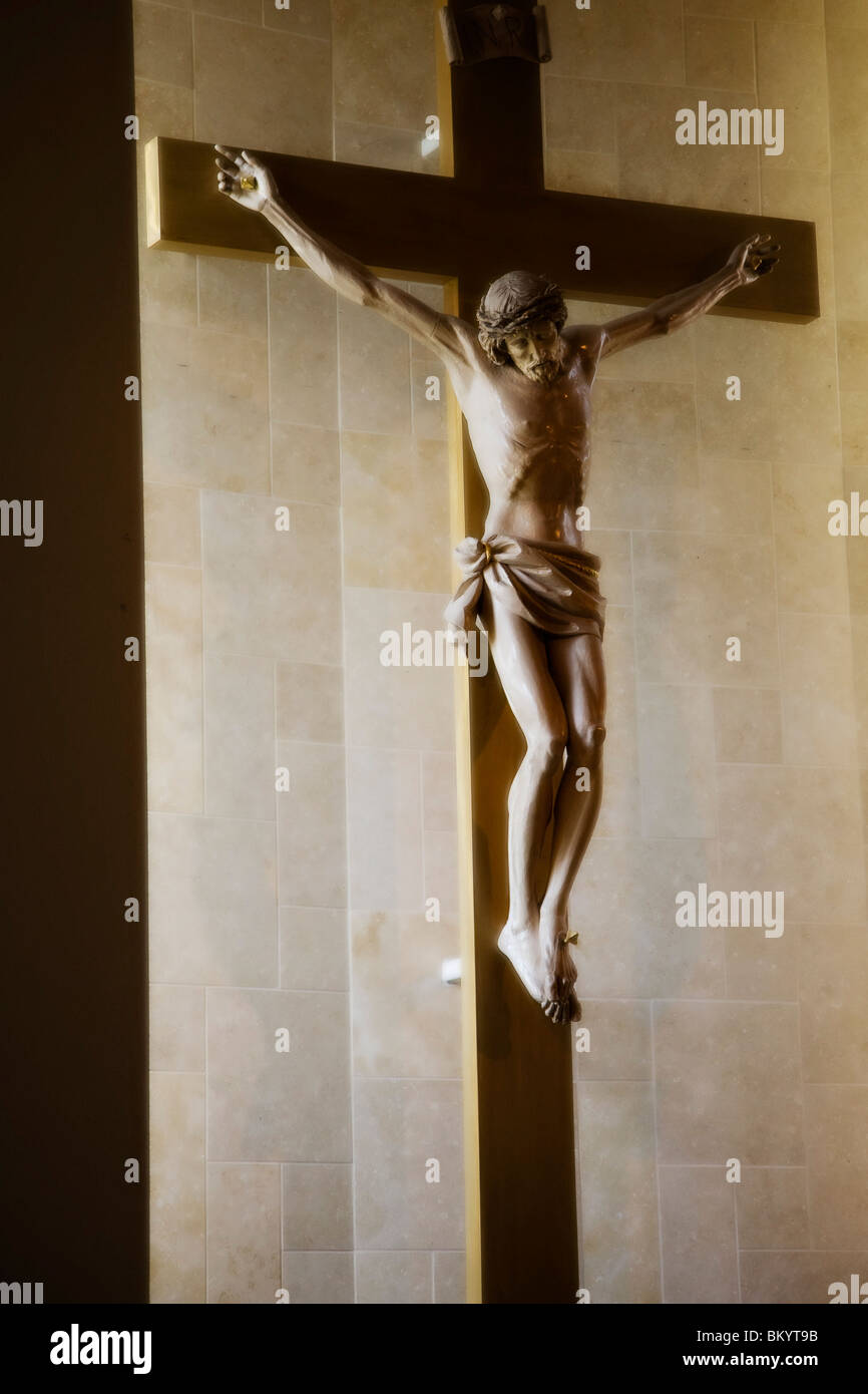 Jesus on a cross, Good Sheperd Church, Beverly Hills, Los Angeles, California, United States of America Stock Photo