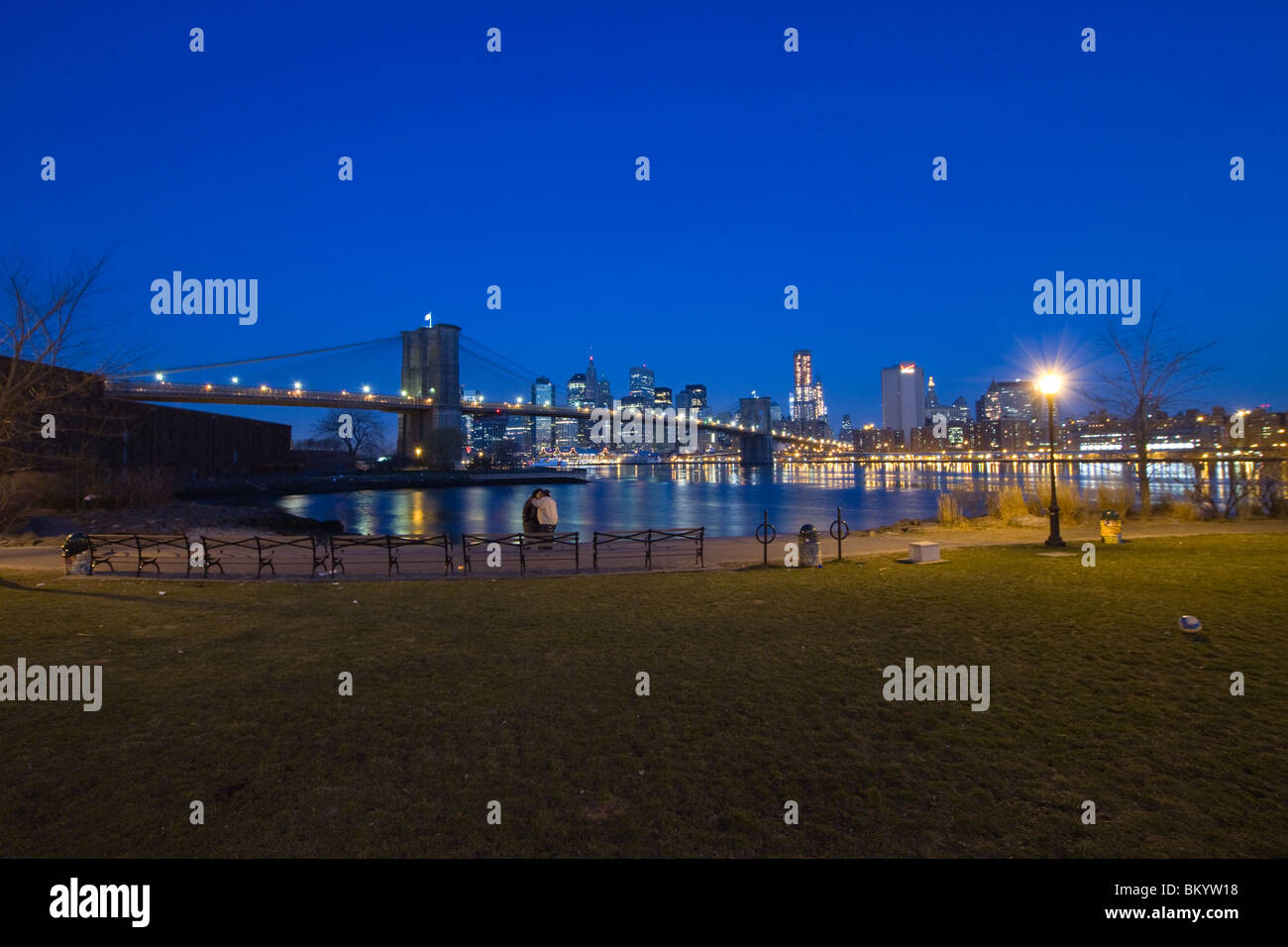 Brooklyn Bridge at night seen from Brooklyn Bridge Park in Brooklyn
