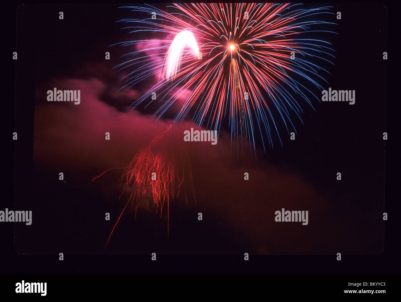 Fireworks explosions sky red blue Fourth of July pyro burst color ...