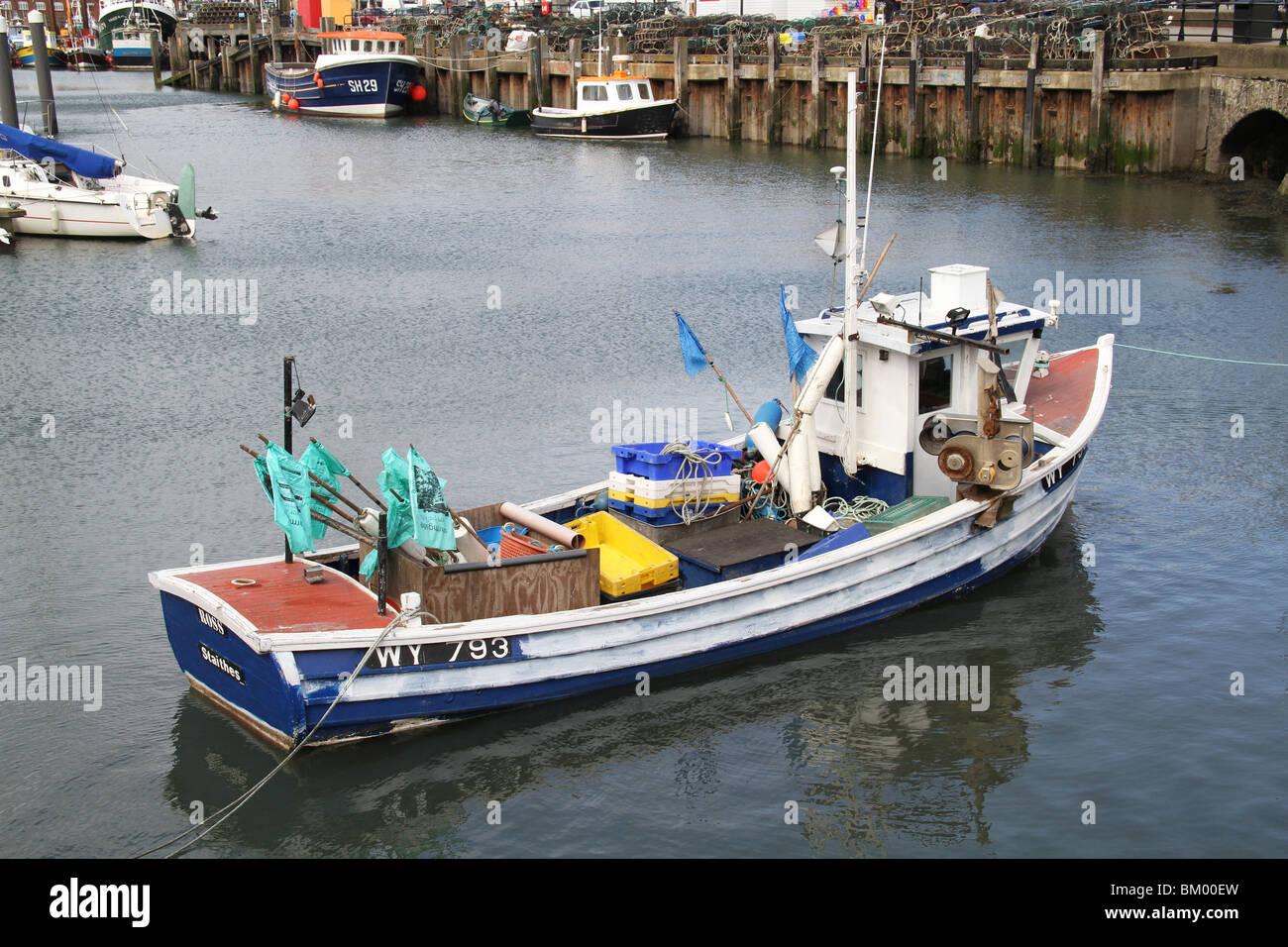 Crab and lobster fishing coble in Bridlington harbour on east coast of