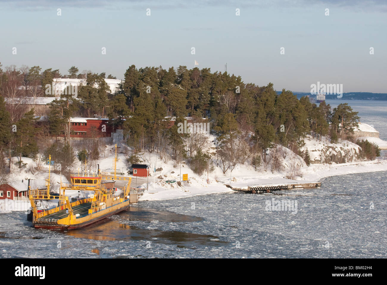 A small carferry at the Oxdjupet in the outer Stockholm archipelago. Stock Photo