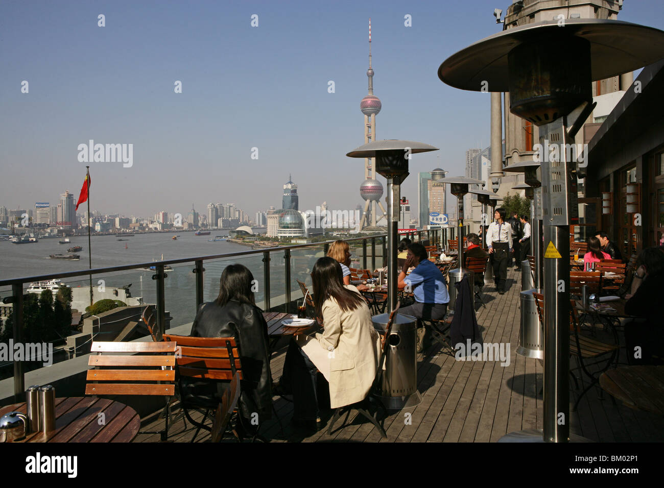 Three on the Bund, Roof terrace, view of The Bund, Pudong, New Heights Stock Photo