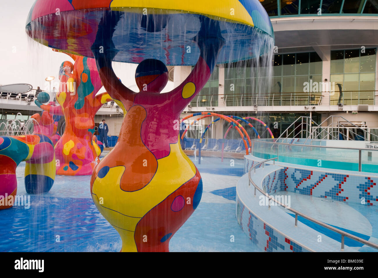 Colorful Water Fountains in H2O Zone Pool Area on Deck 11, Freedom of the Seas Cruise Ship, Royal Caribbean International Cruise Stock Photo