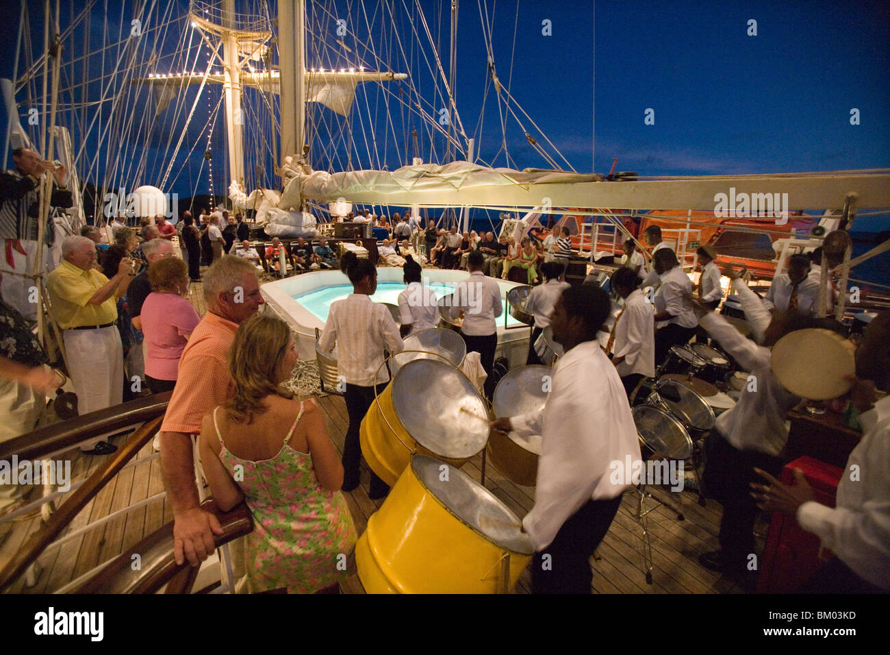 Steel Drum Band on Deck, Aboard Star Clipper, Falmouth Harbour, Antigua Stock Photo