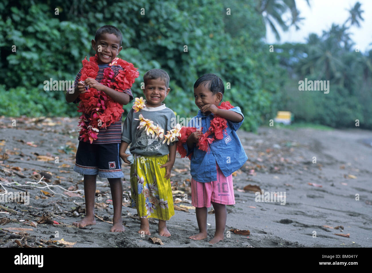 Fijian Boys with Flower Leis, Navakacoa, Taveuni, Fiji Stock Photo