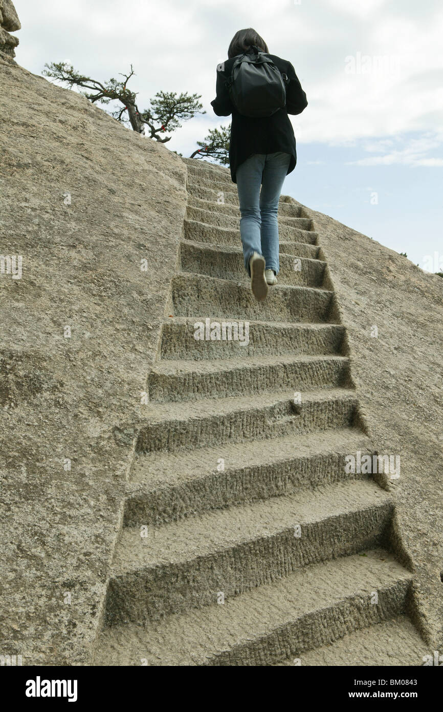 pilgrim path along steep and cut stone steps, Hua Shan, Shaanxi province, Taoist mountain, China, Asia Stock Photo