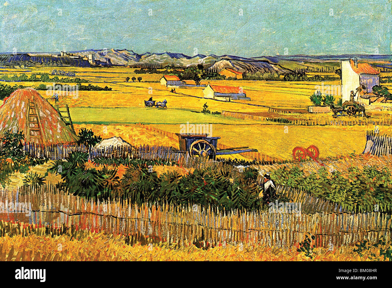 Harvest at La Crau with Montmajour in the Background Stock Photo