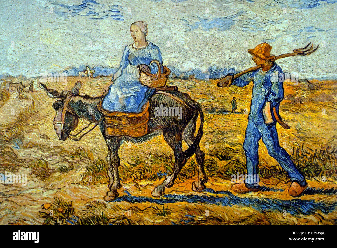 Morning with farmer and pitchfork; his wife riding a donkey and