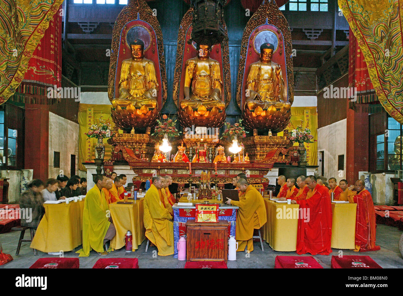 prayer service in Qiyuan Monastery with high ranking monks, Jiuhua Shan ...