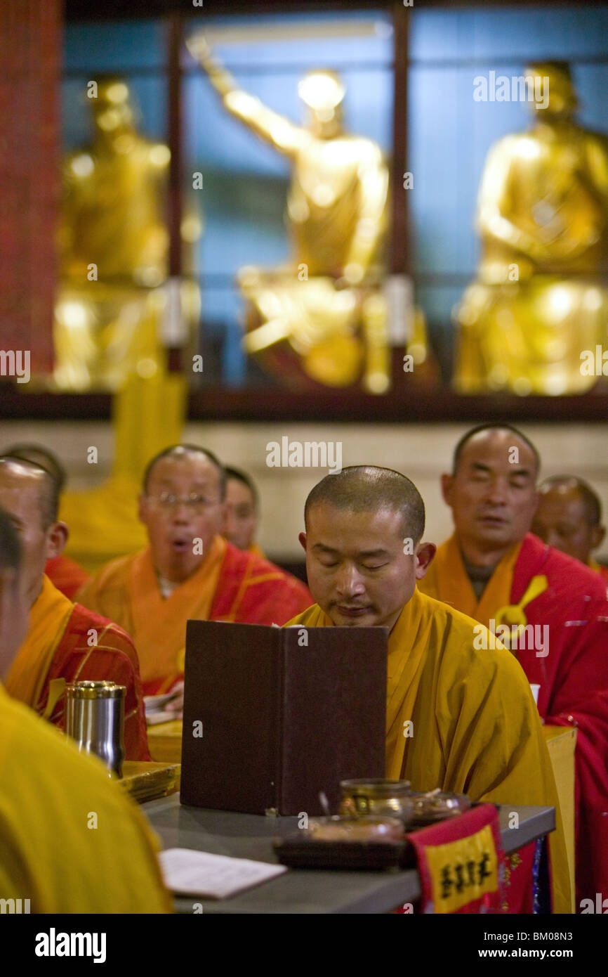 prayer service in Qiyuan Monastery with high ranking monks, Jiuhua Shan ...