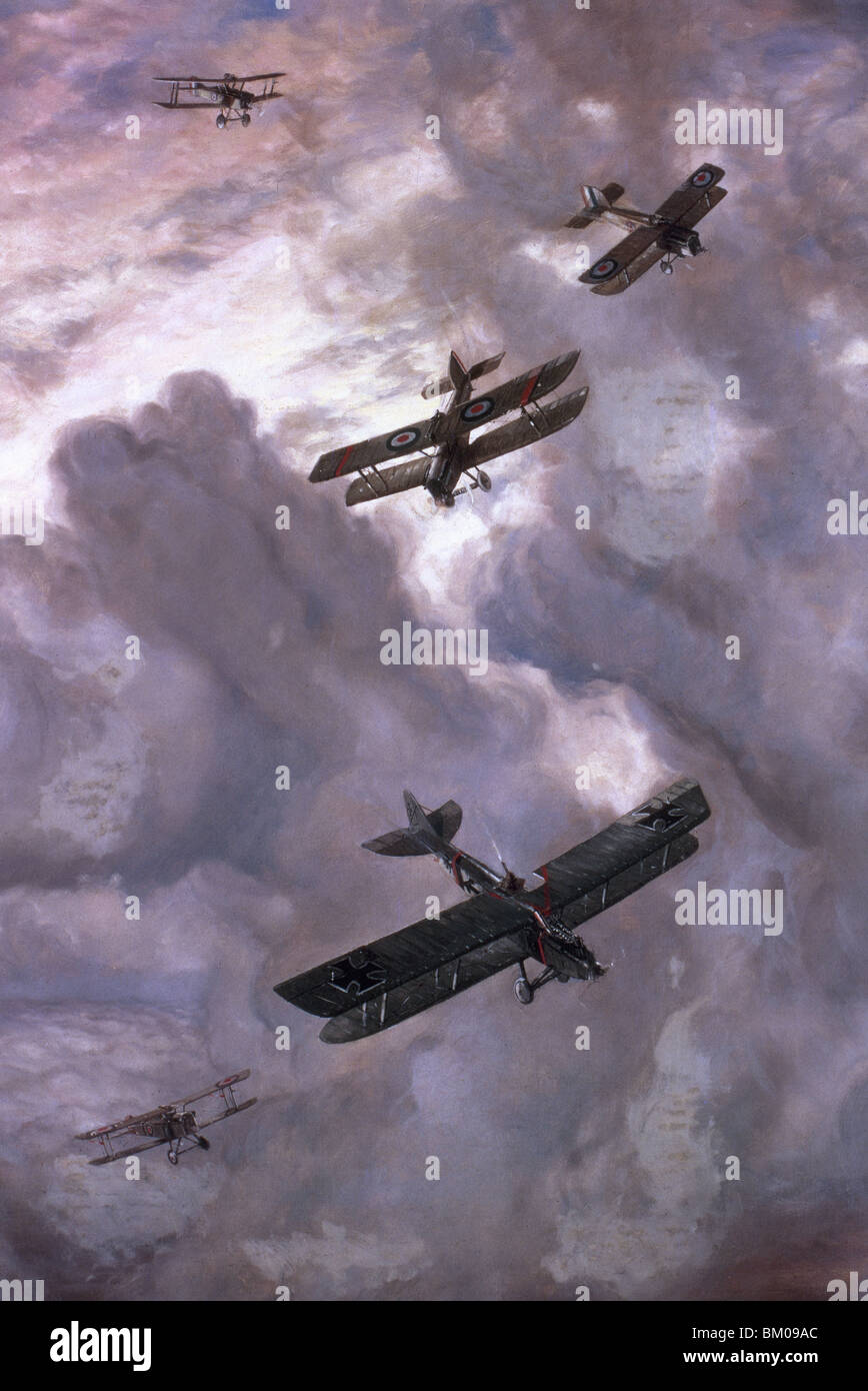 WORLD WAR I (1914-1918). Aerial battle between french (Model Nieuport 17) and german (Albatros D-III) aircrafts. Stock Photo