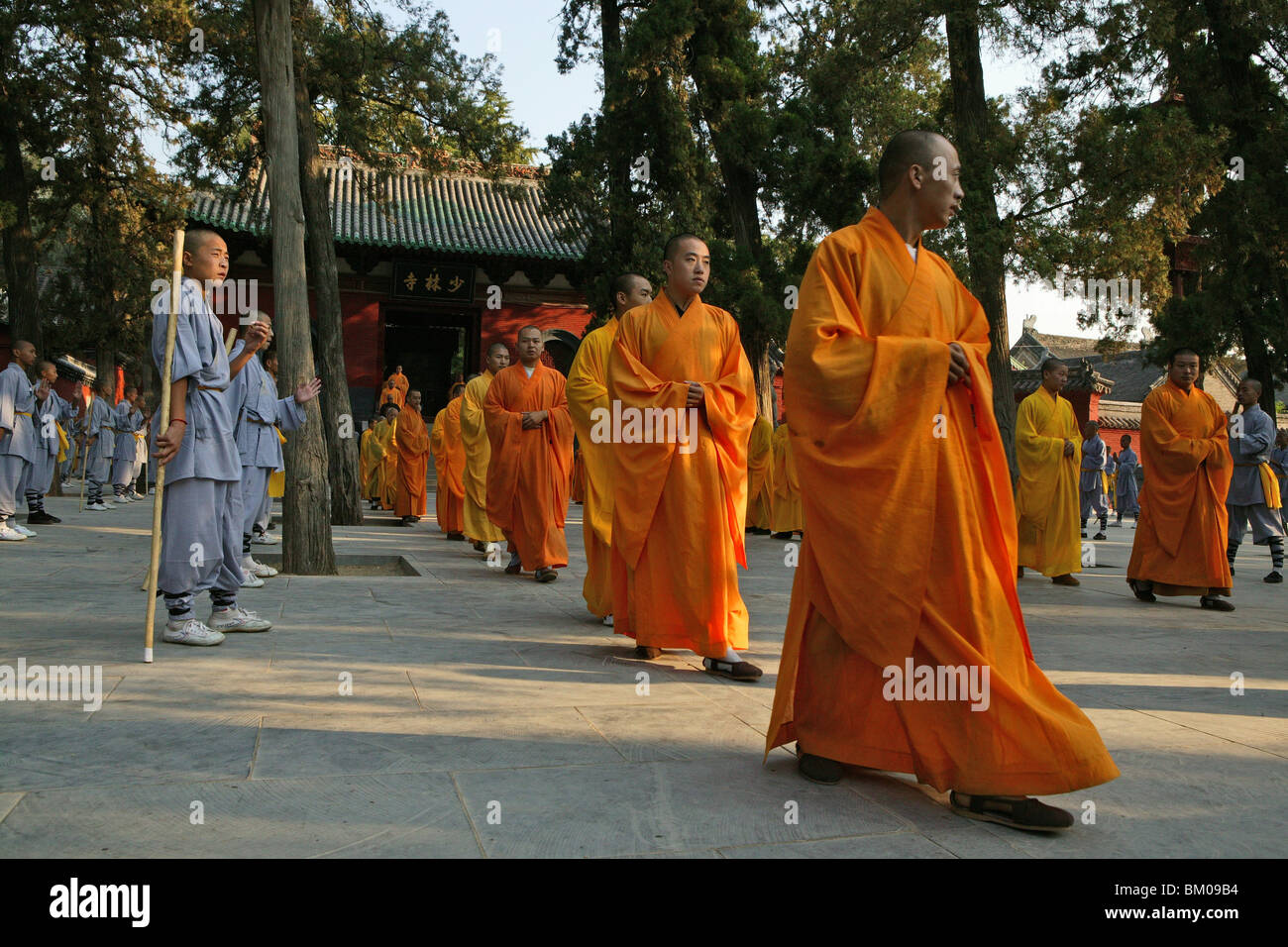 Shaolin Buddhist monk watches Kung Fu students, Shaolin Monastery, known for Shaolin boxing, Taoist Buddhist mountain, Song Shan Stock Photo