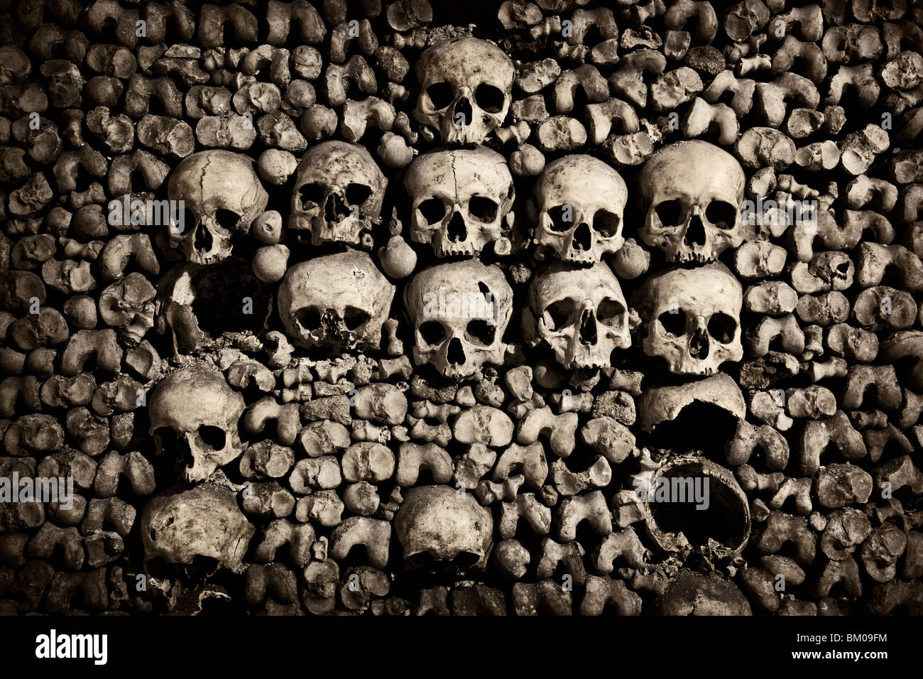 Close up of skulls in the Catacombs below Paris Stock Photo