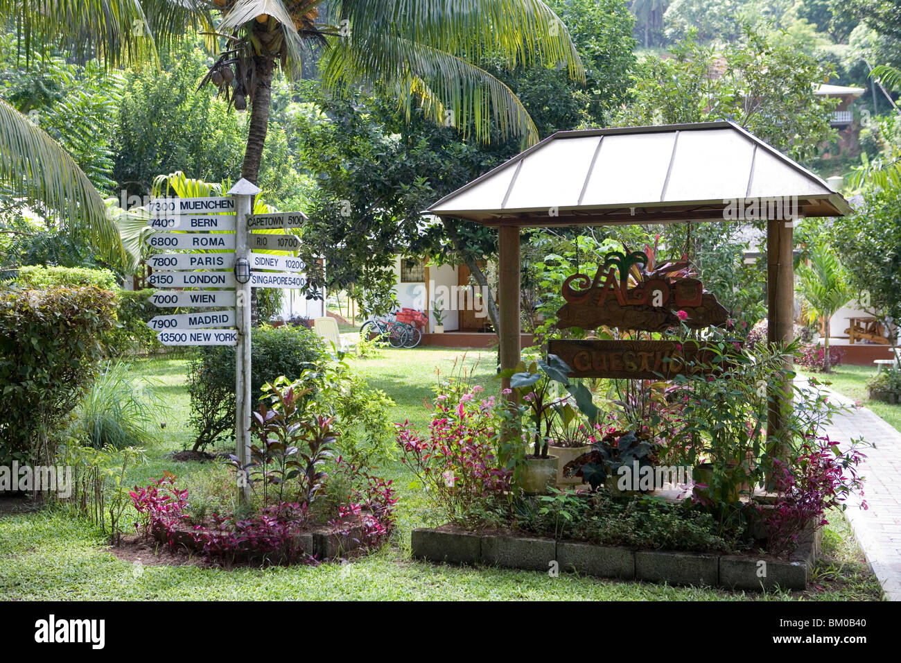 Distance Signs at Le Calou Guesthouse, La Digue Island, Seychelles Stock  Photo - Alamy