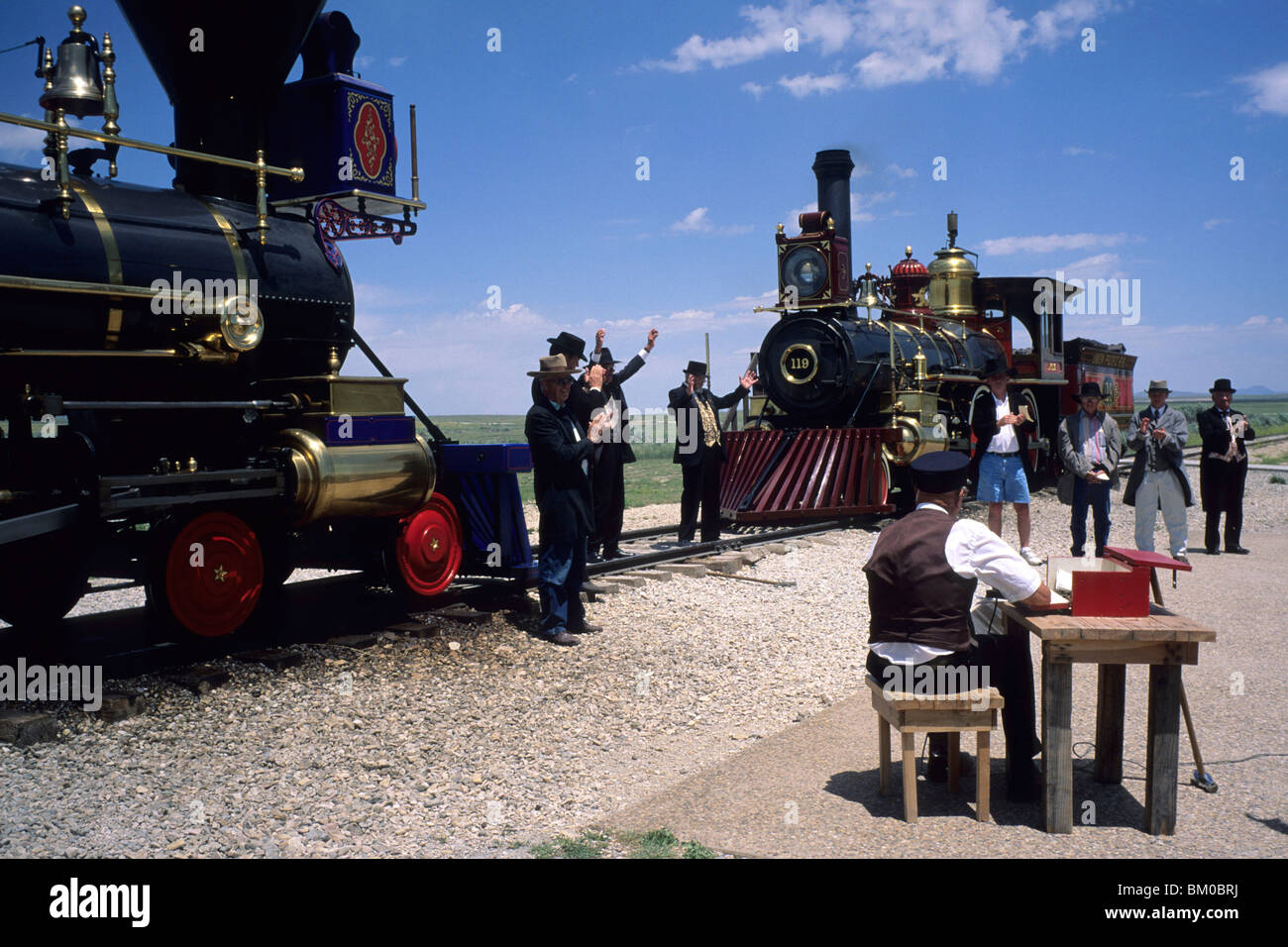 East-West Train Meeting Ceremony Reenactment, Golden Spike National Historic Site, near Brigham City, Utah, USA Stock Photo