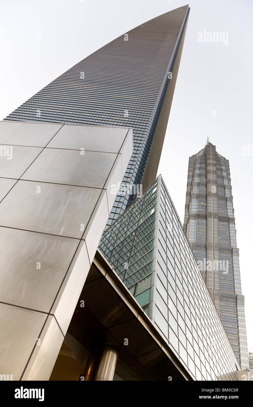 Low angle view at Jinmao Tower, World Financial Center, EXPO Shanghai 2010, Pudong, Shanghai, China, Asia Stock Photo