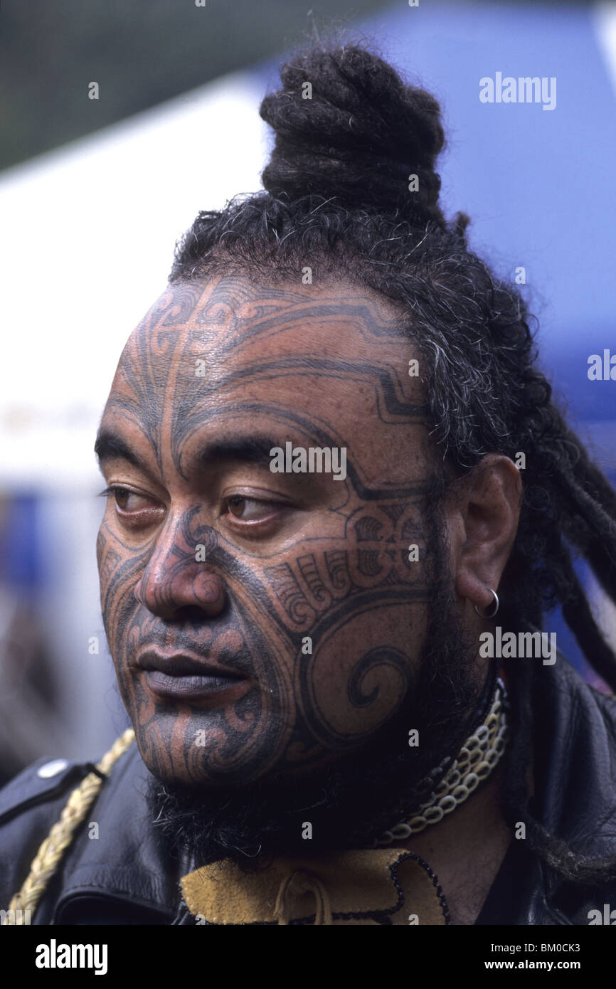Maori Man with Moko, Maori Cultural Festival, Ruatahune, North Island, New Zealand Stock Photo
