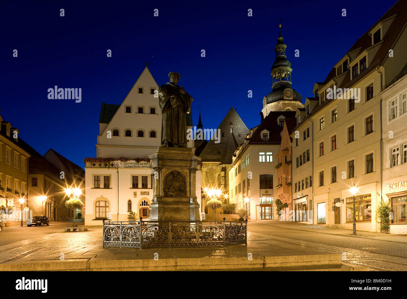 Market place with town hall and monument of Martin Luther, UNESCO cultural world heritage, Eisleben, Saxony-Anhalt, Germany, Eur Stock Photo