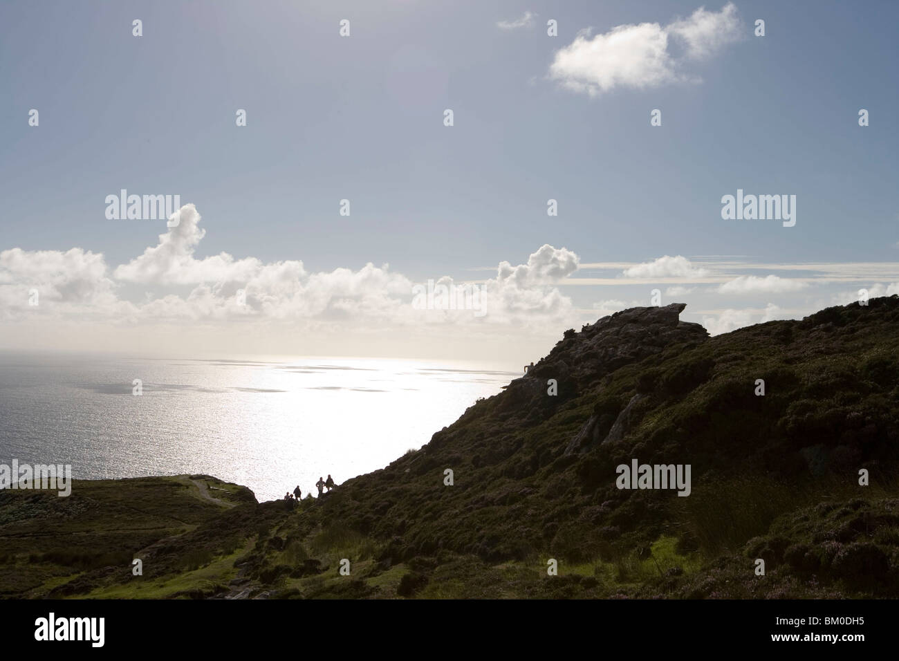 Hikers on One Man's Path, Slieve League Cliffs, Near Teelin, County Donegal, Ireland Stock Photo