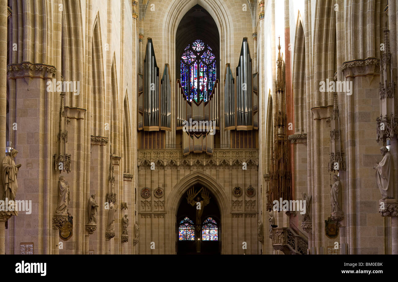 Interior view of Ulm Minster, Ulmer Muenster, View towards the main organ, Ulm, Baden-Wuerttemberg, Germany, Europe Stock Photo